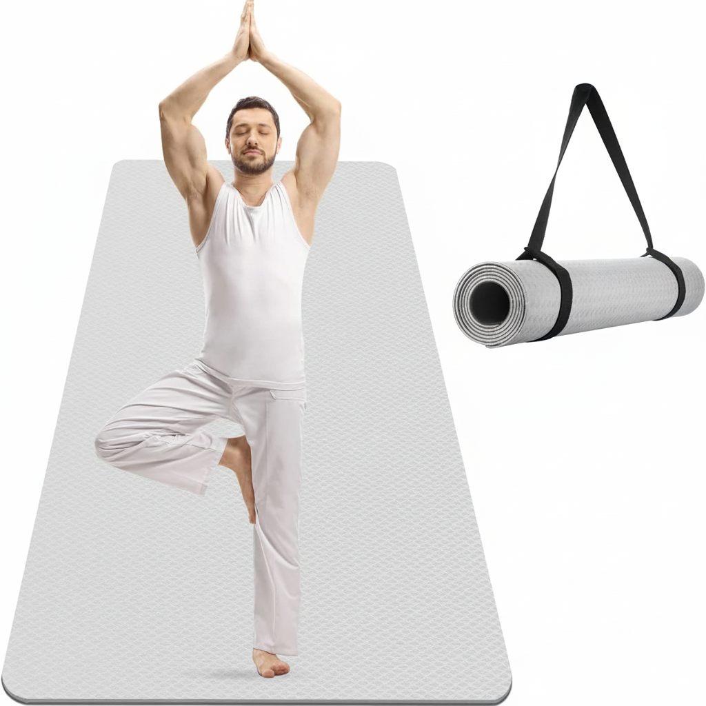 Oversized yoga mat covering hardwood floor