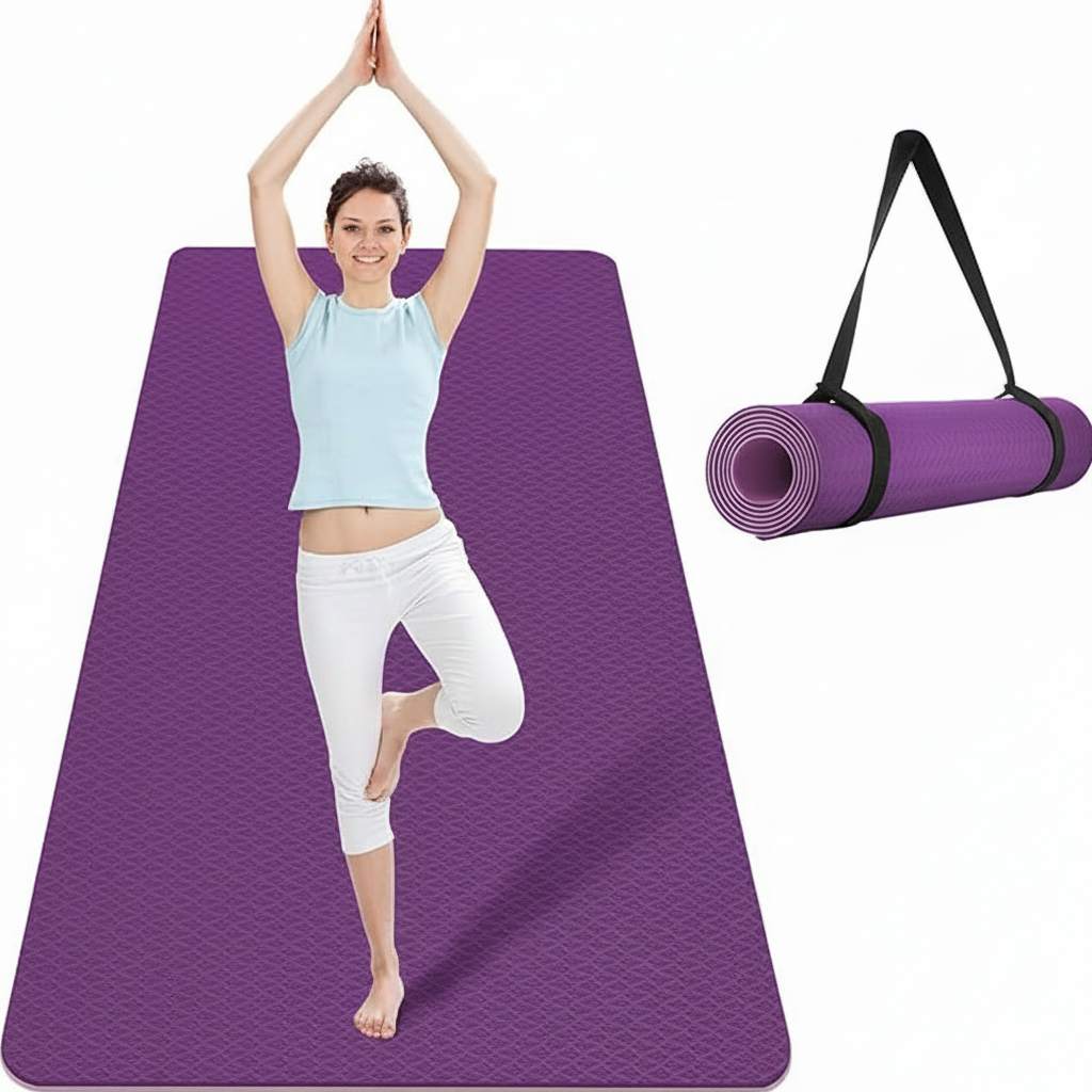 Woman practicing yoga on wide mat